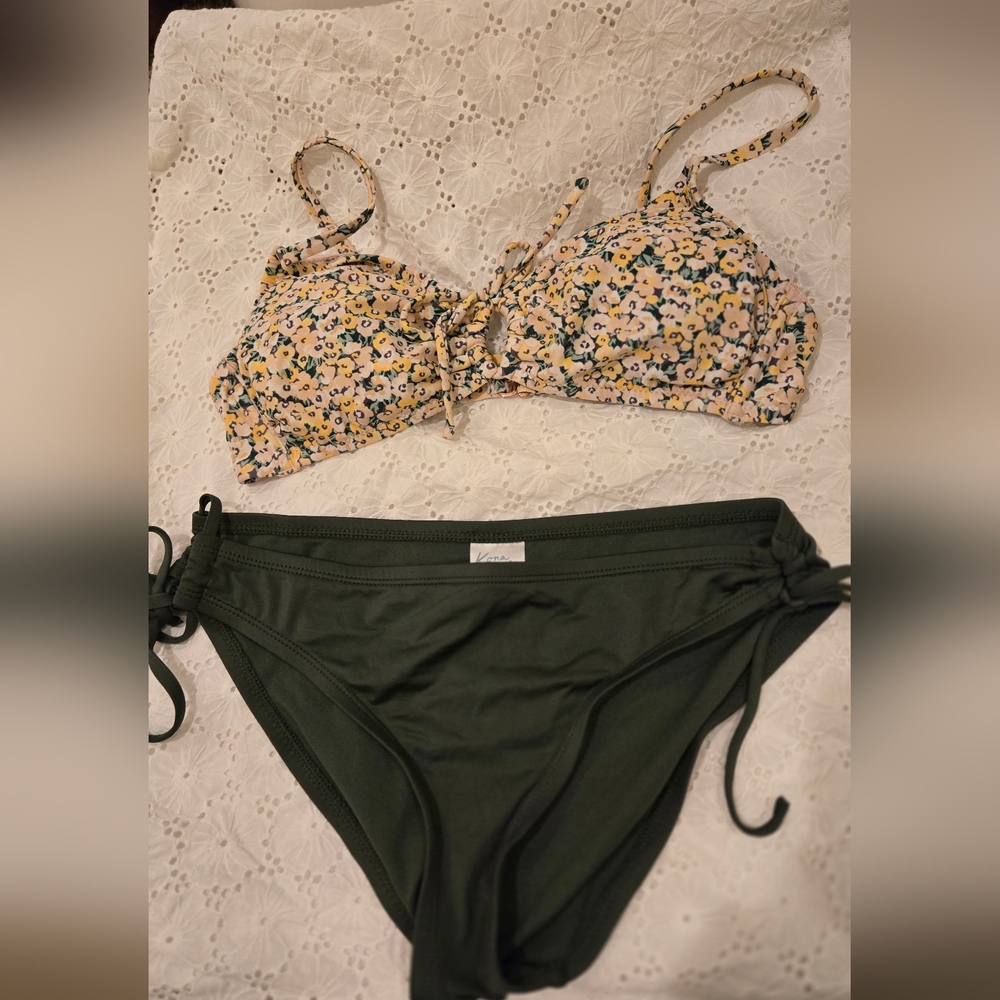 Floral Bikini Top and Olive Bottom Set